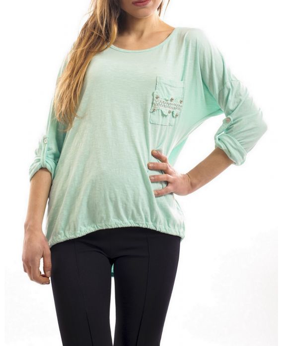 T-SHIRT STUDDED POCKETS GREEN S7032
