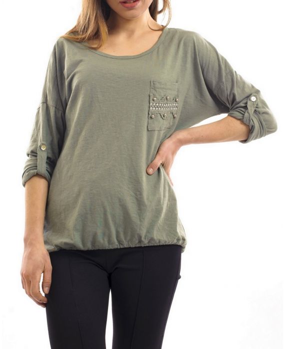T-SHIRT POCHES CLOUTEES VERT MILITAIRE S7032