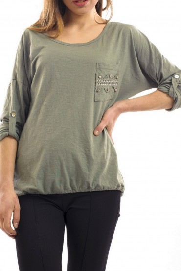 T-SHIRT POCHES CLOUTEES VERT MILITAIRE S7032