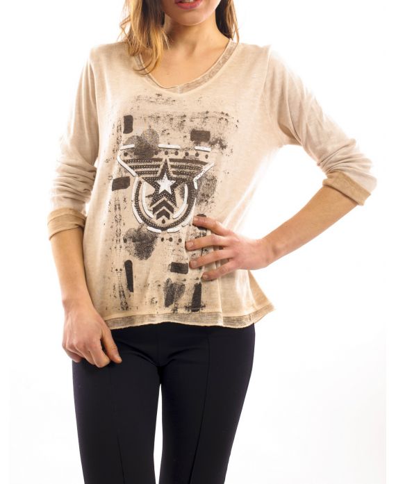 T-SHIRT STRASS STRAR BEIGE S7028
