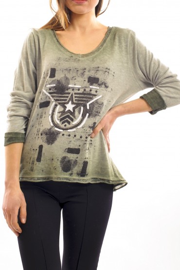 T-SHIRT DELAVE ETOILE STRASS VERT MILITAIRE S7028