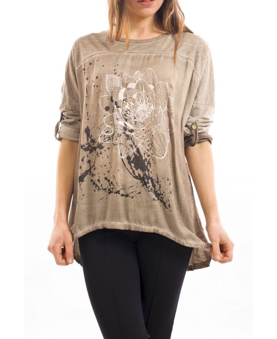 T-SHIRT IMPRIME EFFET DELAVE TAUPE S7039