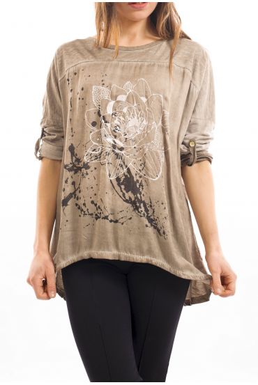 T-SHIRT IMPRIME EFFET DELAVE TAUPE S7039