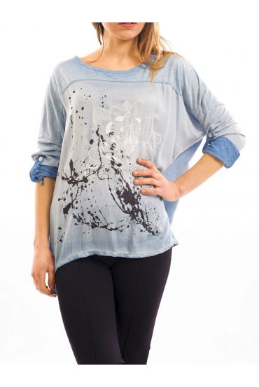 T-SHIRT IMPRIME EFFET DELAVE BLEU CLAIR S7039