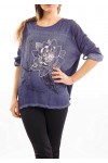 T-SHIRT IMPRIME EFFET DELAVE BLEU FONCE S7039