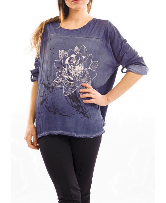 T-SHIRT IMPRIME EFFET DELAVE BLEU FONCE S7039