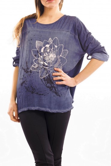 T-SHIRT IMPRIME EFFET DELAVE BLEU FONCE S7039