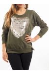 T-SHIRT COEUR SEQUIN METALISE S7036 VERT MILITAIRE