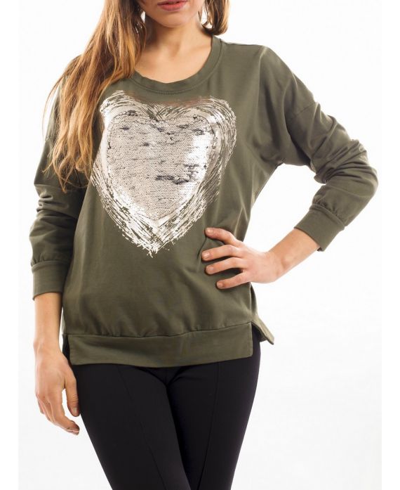 T-SHIRT HEART SEQUIN S7036 GREEN MILITARY