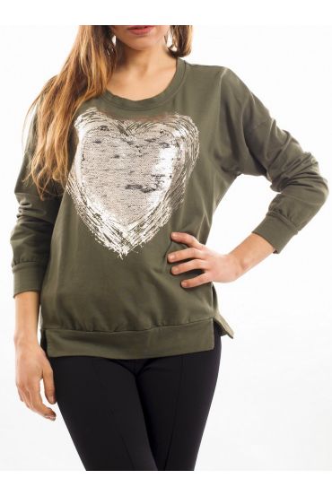 CAMISETA CORAZÓN de LENTEJUELAS METALISE S7036 VERDE MILITAR