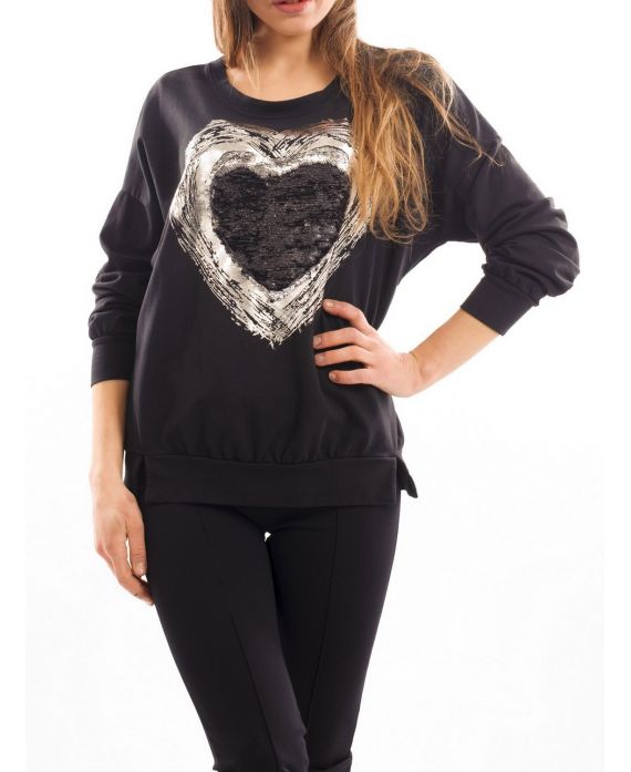 T-SHIRT HEART SEQUIN S7036 BLACK