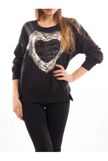 T-SHIRT HEART SEQUIN S7036 BLACK
