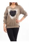 T-SHIRT HEART SEQUIN S7036 TAUPE