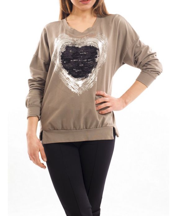 T-SHIRT HEART SEQUIN S7036 TAUPE