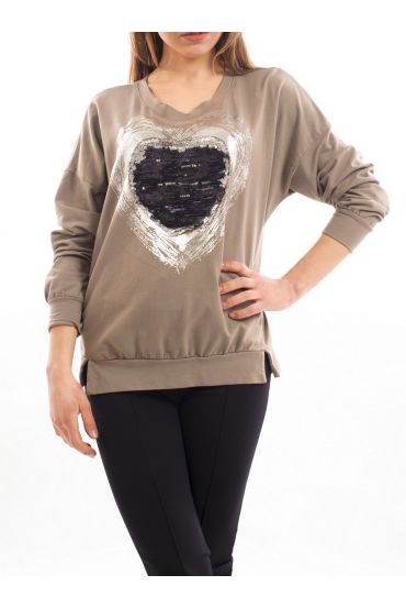 CAMISETA CORAZÓN de LENTEJUELAS METALISE S7036 TAUPE