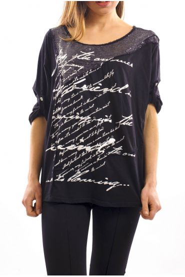 T-SHIRT MIX MATIERES S7027 NOIR