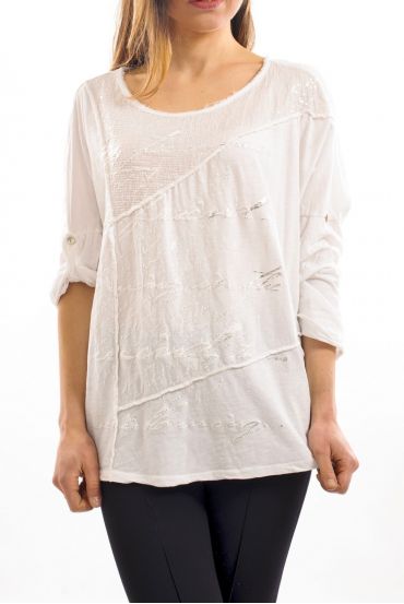T-SHIRT MIX MATIERES S7027 BLANC