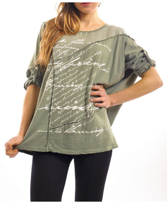 T-SHIRT MIX MATERIAL S7027 MILITARY GREEN
