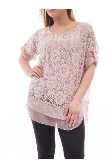 GRANDE TAILLE TUNIQUE DENTELLE SUPERPOSITION GT1015 ROSE