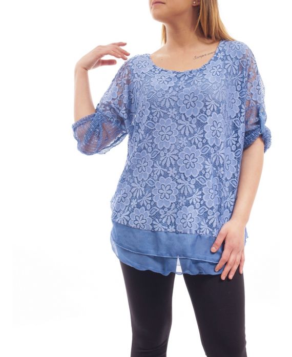 GRANDE TAILLE TUNIQUE DENTELLE SUPERPOSITION GT1015 BLEU