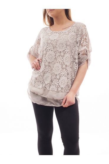 GRANDE TAILLE TUNIQUE DENTELLE SUPERPOSITION GT1015 TAUPE