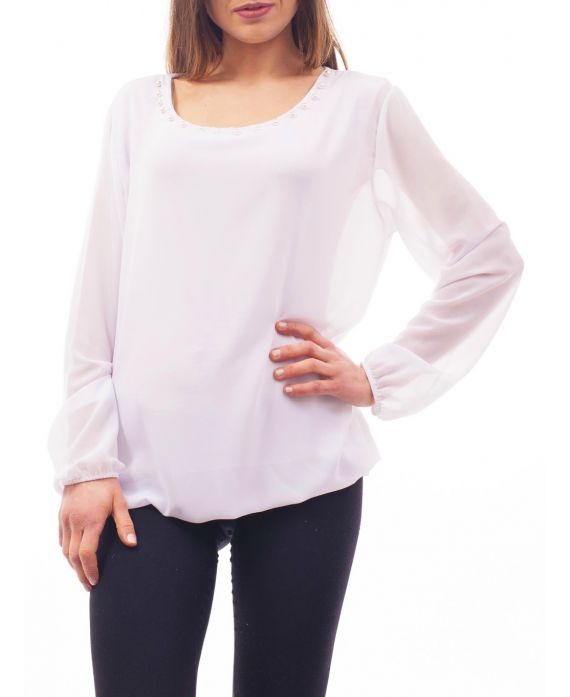 BLUSE AUSSCHNITT PERLEN C4001 WEIß