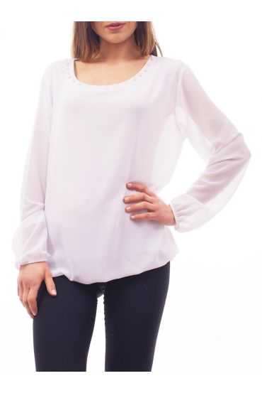 BLUSE AUSSCHNITT PERLEN C4001 WEIß