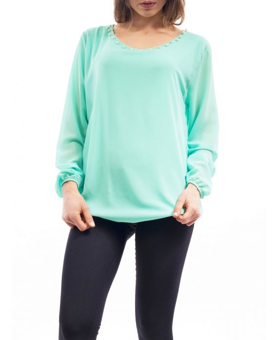 BLOUSE heeft een v-HALS KRALEN C4001 PASTEL GROEN