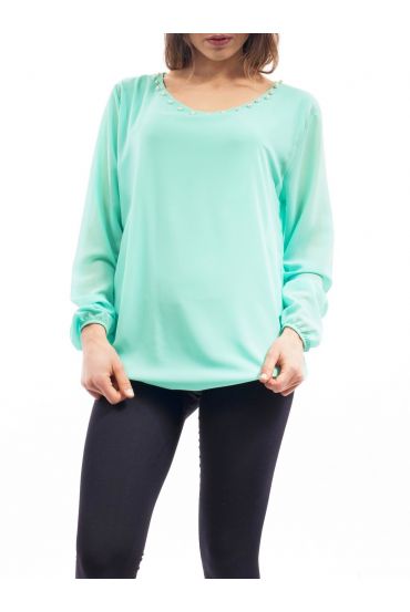 BLUSE AUSSCHNITT PERLEN C4001 PASTELL GRÜN