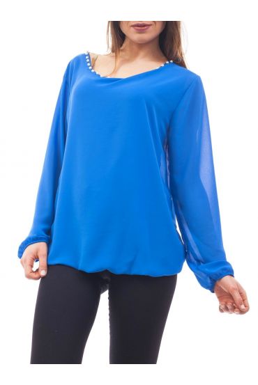 BLUSE AUSSCHNITT PERLEN C4001 BLAU ROYAL