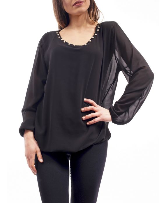 BLUSE AUSSCHNITT PERLEN C4001 SCHWARZ