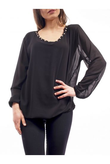 BLUSE AUSSCHNITT PERLEN C4001 SCHWARZ