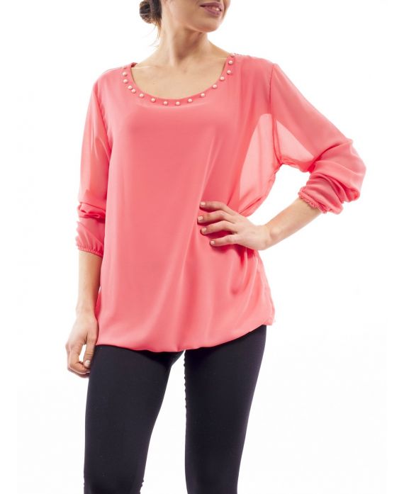 BLOUSE ENCOLURE PERLES C4001 CORAIL