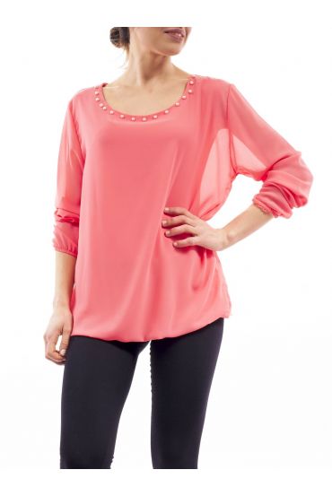 BLUSE AUSSCHNITT PERLEN KORALLEN C4001