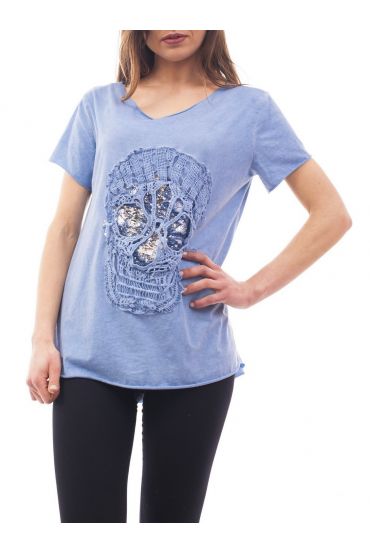 T-SHIRT BRODERIE TETE DE MORT S9066 BLEU