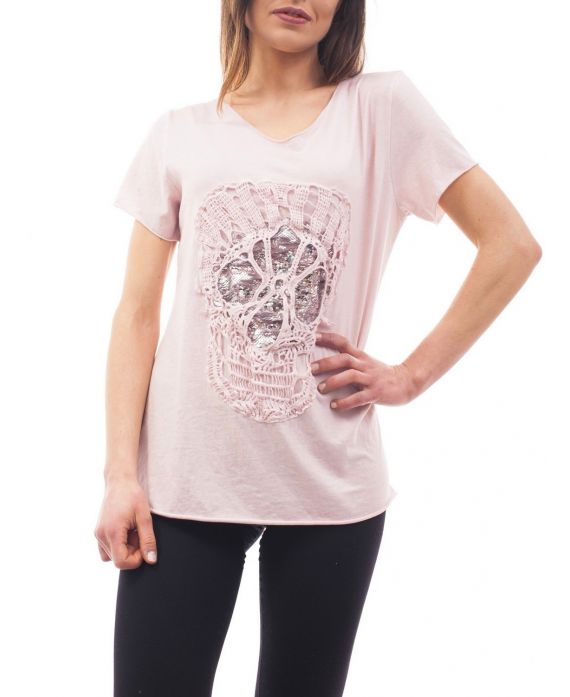 T-SHIRT BRODERIE TETE DE MORT S9066 ROSE