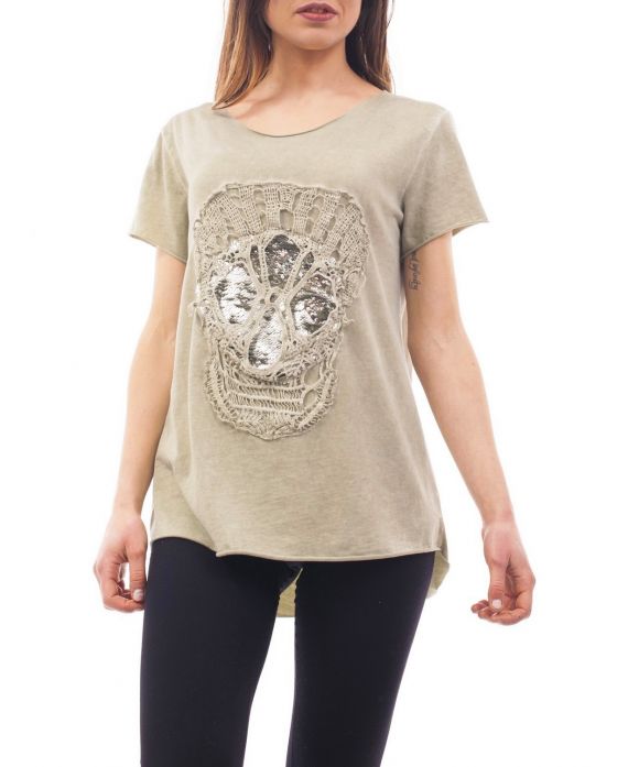 T-SHIRT BRODERIE TETE DE MORT S9066 VERT MILITAIRE