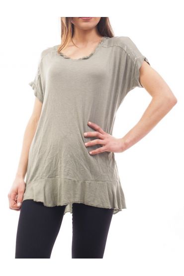 T-SHIRT SPALLA PAILLETTES S9071 VERDE MILITARE