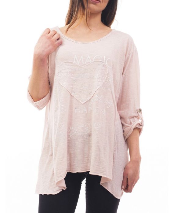 T-SHIRT CŒUR PAILLETTES S9119 ROSE