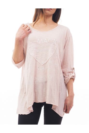 T-SHIRT CŒUR PAILLETTES S9119 ROSE