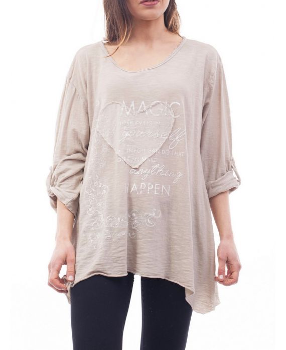 T-SHIRT CŒUR PAILLETTES S9119 BEIGE