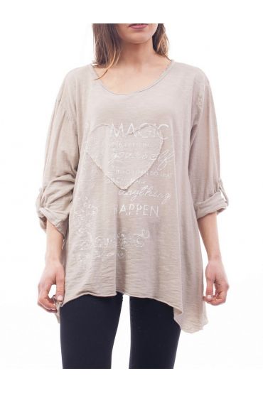 T-SHIRT CŒUR PAILLETTES S9119 BEIGE