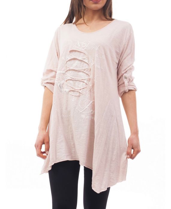 T-SHIRT EFFET DESTROY S9118 ROSE