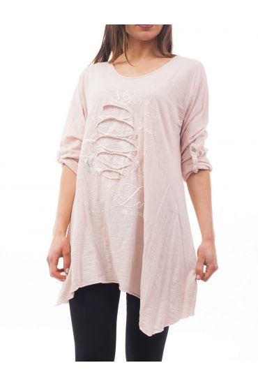 T-SHIRT EFFET DESTROY S9118 ROSE