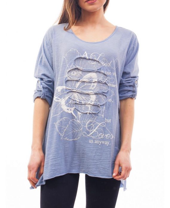 T-SHIRT EFFET DESTROY S9118 BLEU
