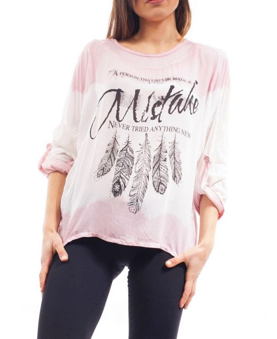 T-SHIRT MIX MATERIAL FEATHERS S9114 ROSE