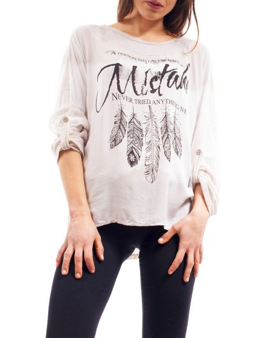 T-SHIRT MIX MATERIAL FEATHERS S9114 BEIGE