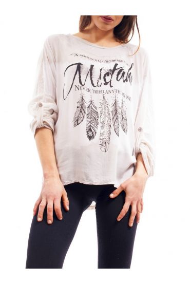T-SHIRT MIX MATIERES PLUME S9114 BEIGE