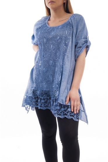 GRANDE TAILLE TUNIQUE DENTELLE PAILLETEE GT1073 BLEU