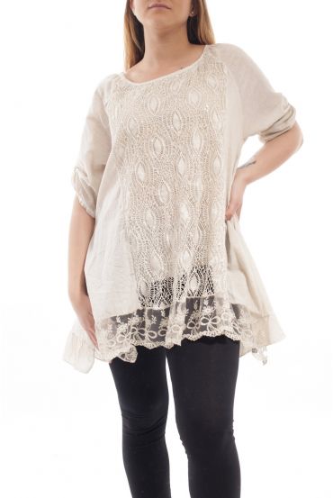 GRANDE TAILLE TUNIQUE DENTELLE PAILLETEE GT1073 BEIGE